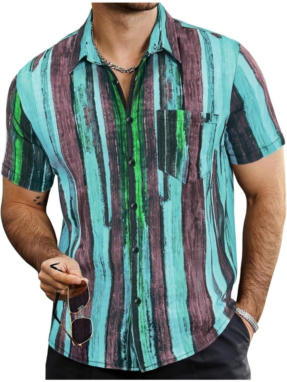 Men's Browngreen Red Short Sleeve Collared Button Down Beach Shirt with Pocket